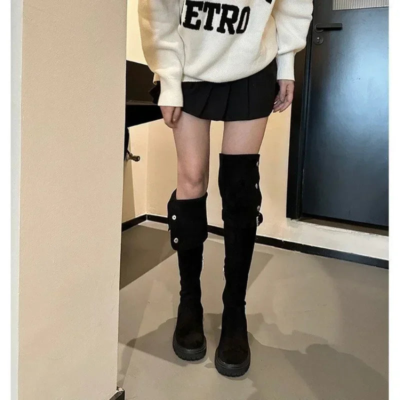 Over The Cowboy Designer Platform Fur Suede Wedges Knee High Boots