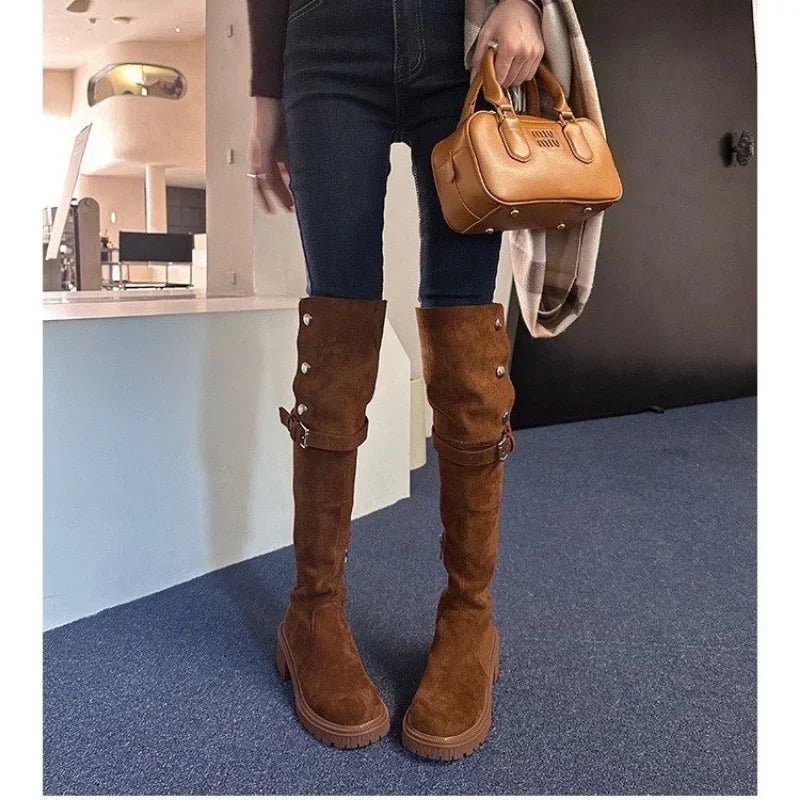 Over The Cowboy Designer Platform Fur Suede Wedges Knee High Boots