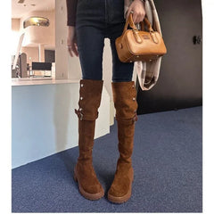 Over The Cowboy Designer Platform Fur Suede Wedges Knee High Boots