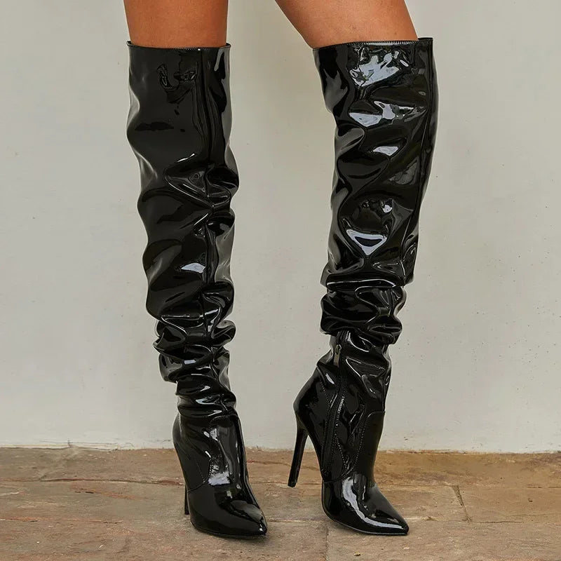 Pointed Toe Black Side Zipper Thin Heels Shiny Pleated Knee High Boots