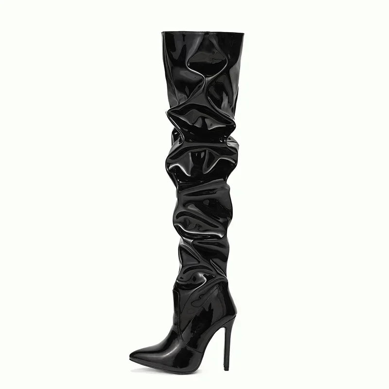 Pointed Toe Black Side Zipper Thin Heels Shiny Pleated Knee High Boots