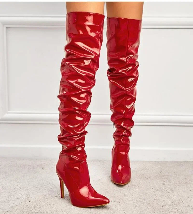 Pointed Toe Black Side Zipper Thin Heels Shiny Pleated Knee High Boots