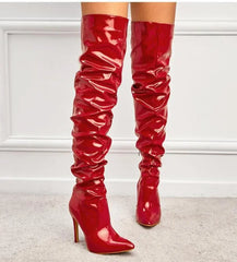 Pointed Toe Black Side Zipper Thin Heels Shiny Pleated Knee High Boots