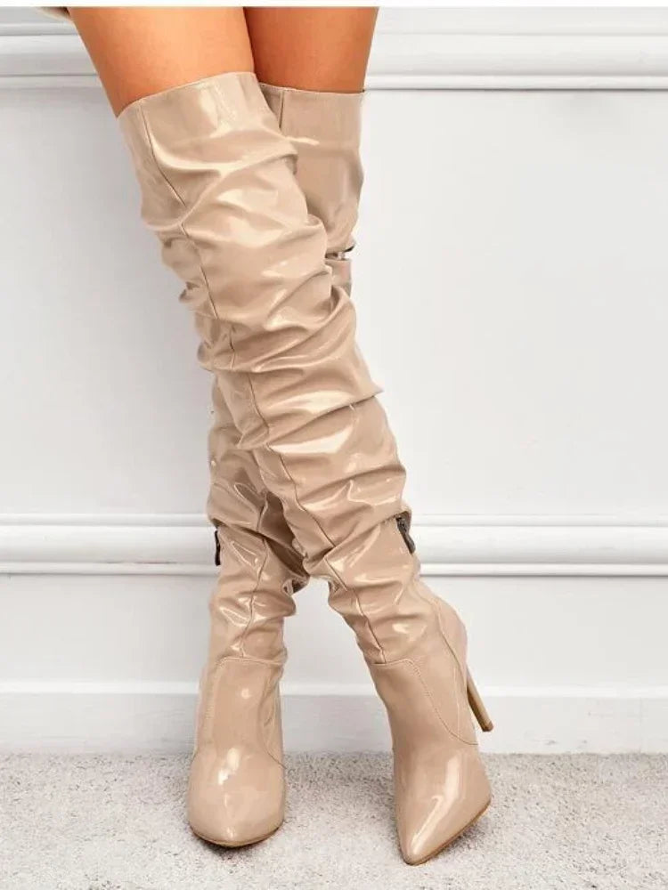 Pointed Toe Black Side Zipper Thin Heels Shiny Pleated Knee High Boots