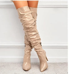 Pointed Toe Black Side Zipper Thin Heels Shiny Pleated Knee High Boots