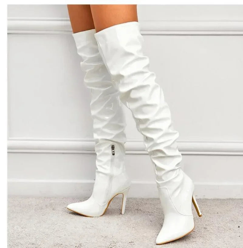 Pointed Toe Black Side Zipper Thin Heels Shiny Pleated Knee High Boots