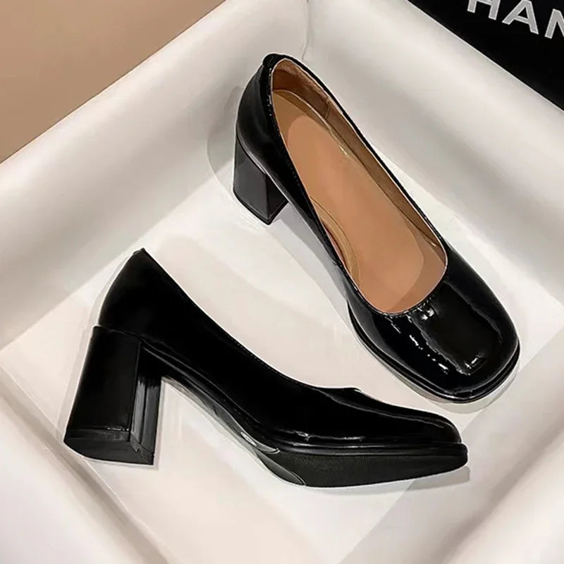 Patent Leather Elegant Office Black Highs Shal Mouth Square Toe Shoes Low Heel Pumps