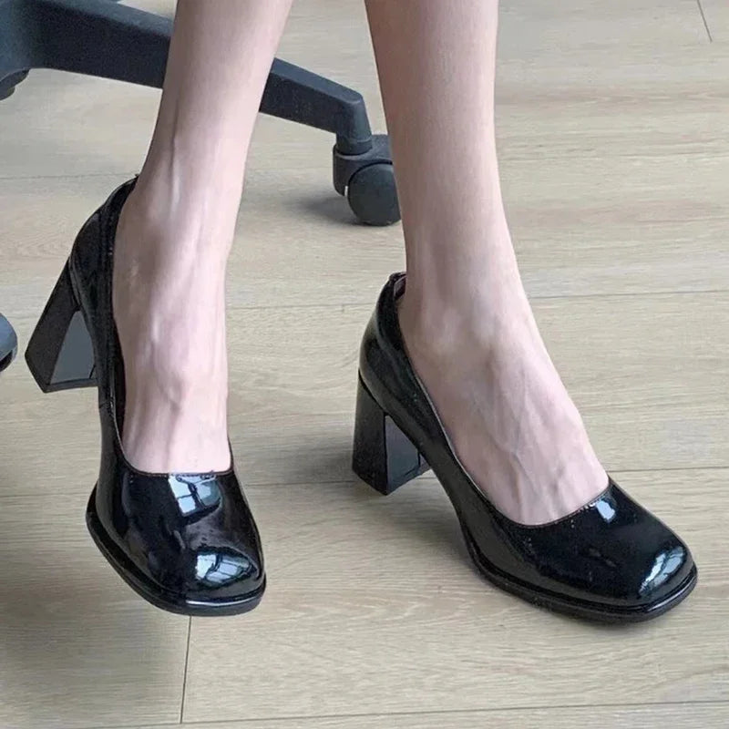 Patent Leather Elegant Office Black Highs Shal Mouth Square Toe Shoes Low Heel Pumps