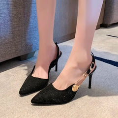 Pointed Rhinestone Party Dress Designer Gladiator Low Heel Pumps