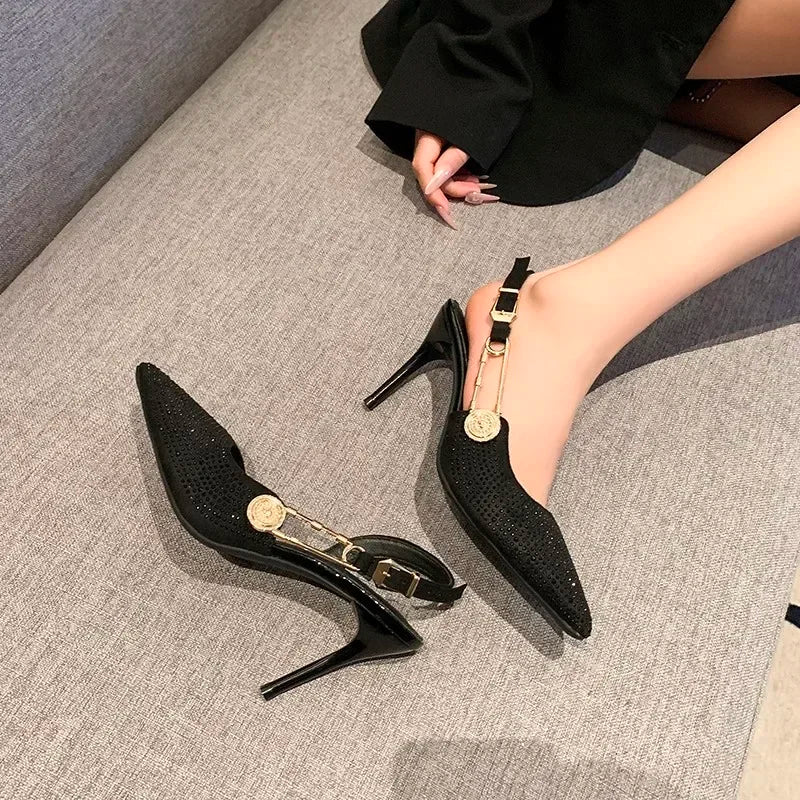 Pointed Rhinestone Party Dress Designer Gladiator Low Heel Pumps