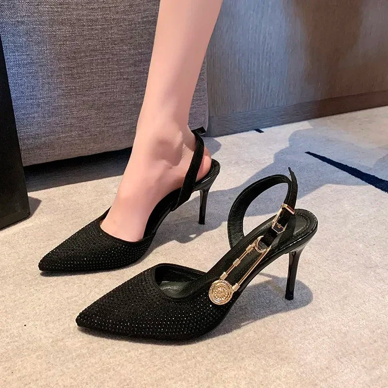 Pointed Rhinestone Party Dress Designer Gladiator Low Heel Pumps