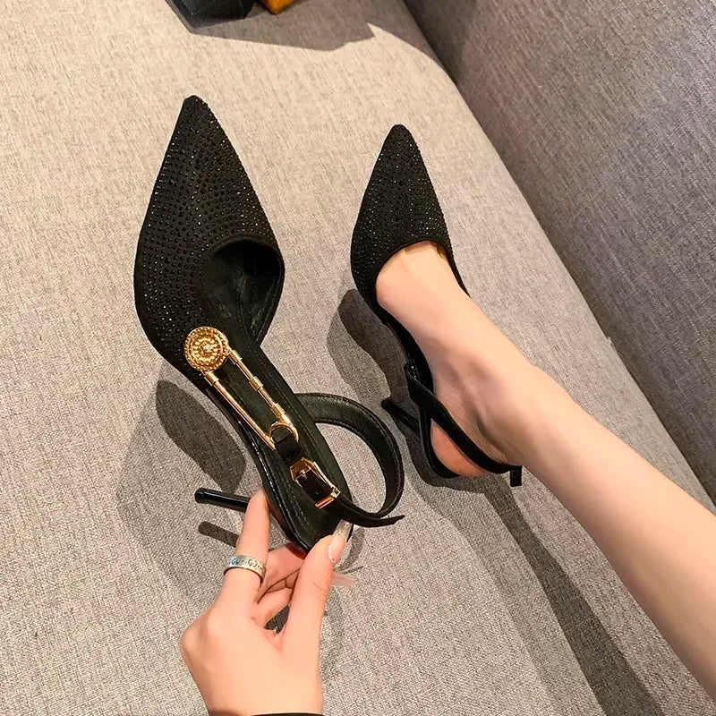 Pointed Rhinestone Party Dress Designer Gladiator Low Heel Pumps