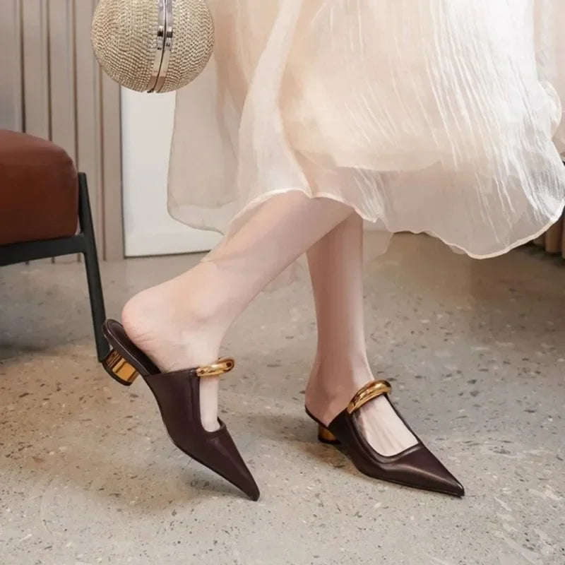 Punk Gothic Metal Buckle Pointed Thick Slippers Platform Women's Shoes Low Heel Pumps
