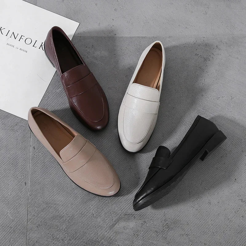 Retro Leather Casual Round Toe Office Work Slip On Flats Loafers