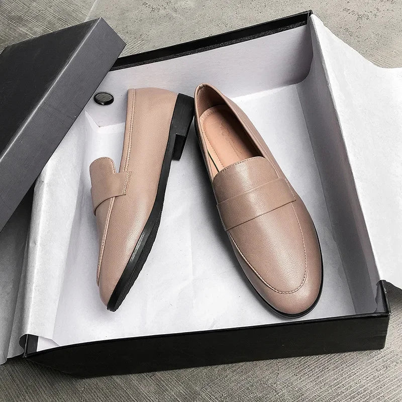 Retro Leather Casual Round Toe Office Work Slip On Flats Loafers