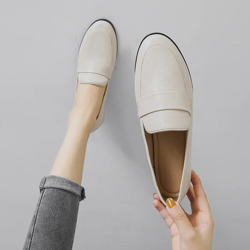 Retro Leather Casual Round Toe Office Work Slip On Flats Loafers