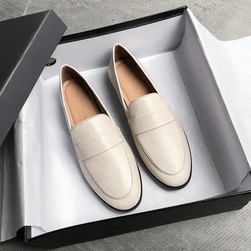 Retro Leather Casual Round Toe Office Work Slip On Flats Loafers