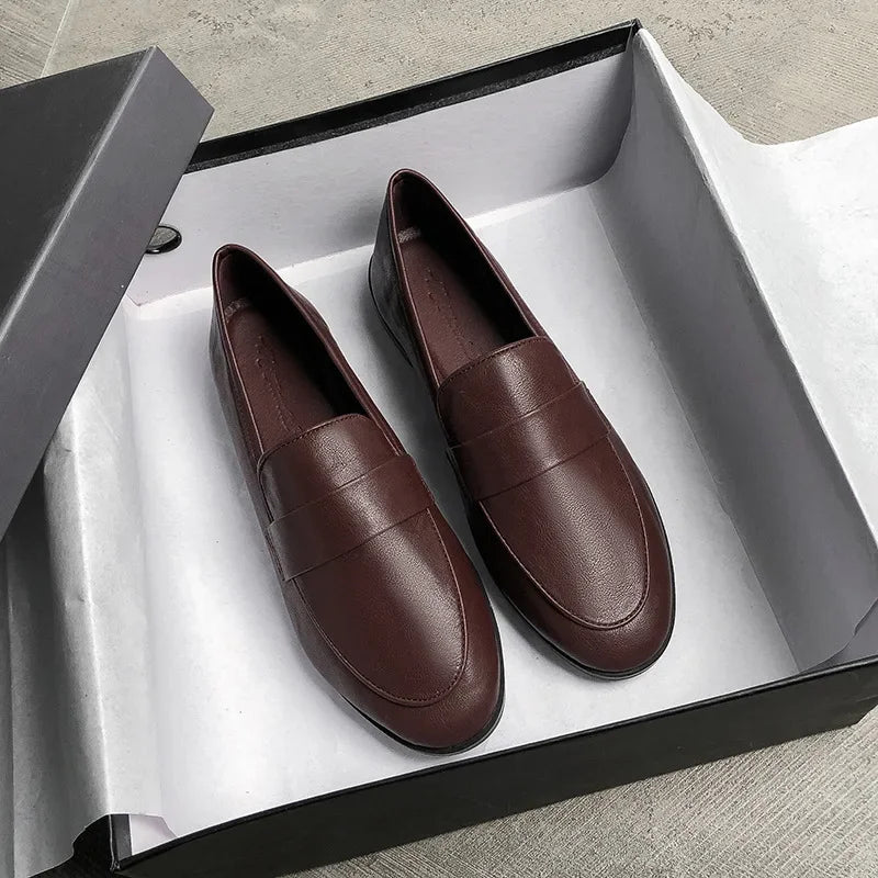 Retro Leather Casual Round Toe Office Work Slip On Flats Loafers