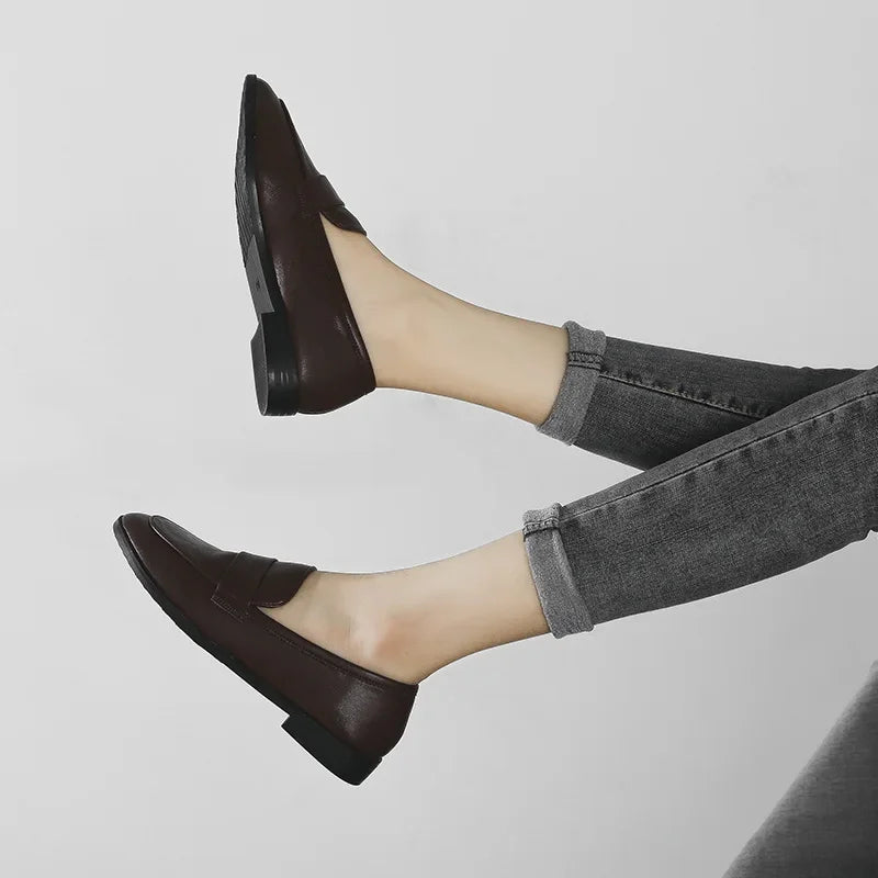 Retro Leather Casual Round Toe Office Work Slip On Flats Loafers