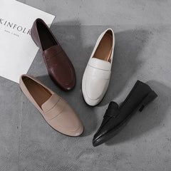 Retro Leather Casual Round Toe Office Work Slip On Flats Loafers