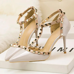 Rivet Pointed Toe Designer Hollow Red Fine High Heel High Heel