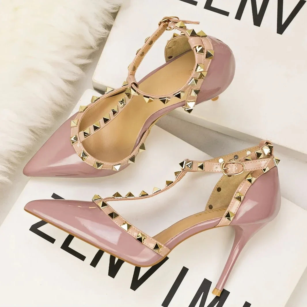 Rivet Pointed Toe Designer Hollow Red Fine High Heel High Heel