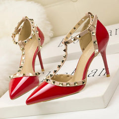 Rivet Pointed Toe Designer Hollow Red Fine High Heel High Heel