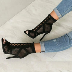 Roma Style Mesh Hollow Out Ankle Boots Peep Toe Lace Up High Heel