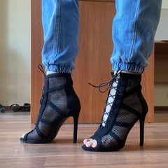 Roma Style Mesh Hollow Out Ankle Boots Peep Toe Lace Up High Heel
