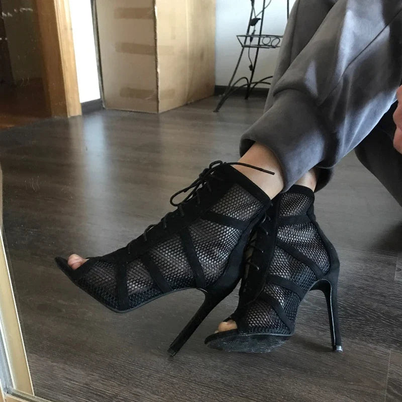 Roma Style Mesh Hollow Out Ankle Boots Peep Toe Lace Up High Heel