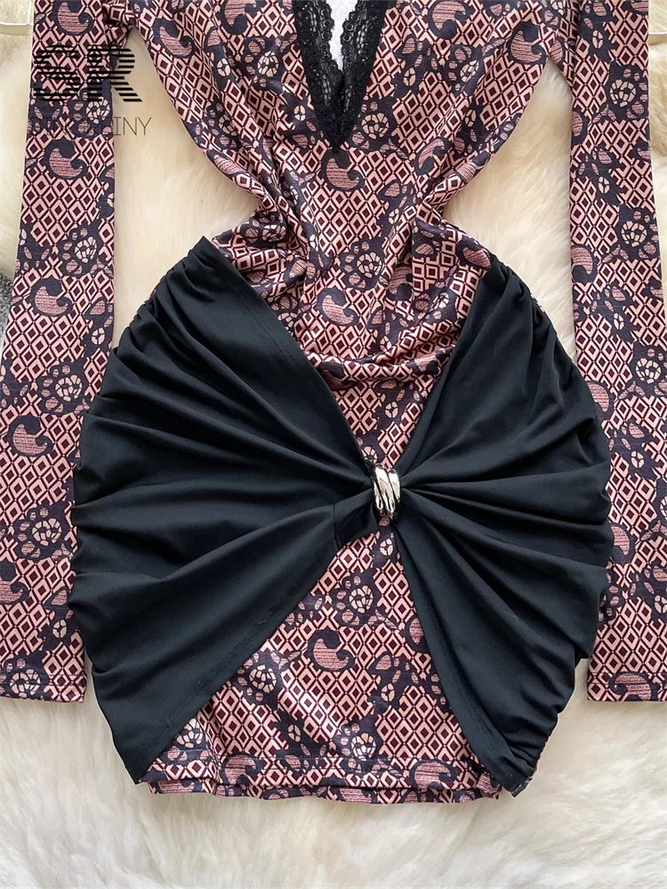Artistic Print Lace Dress