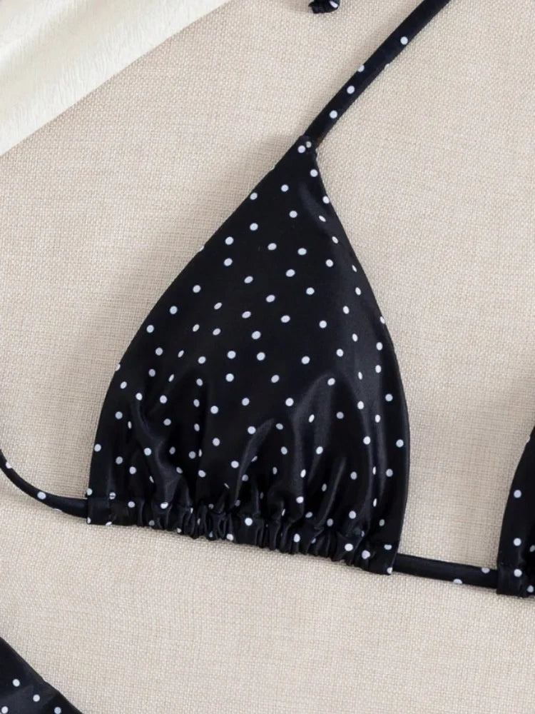 Sexy Black Polka Dot Print 3 Piece Bikini Set