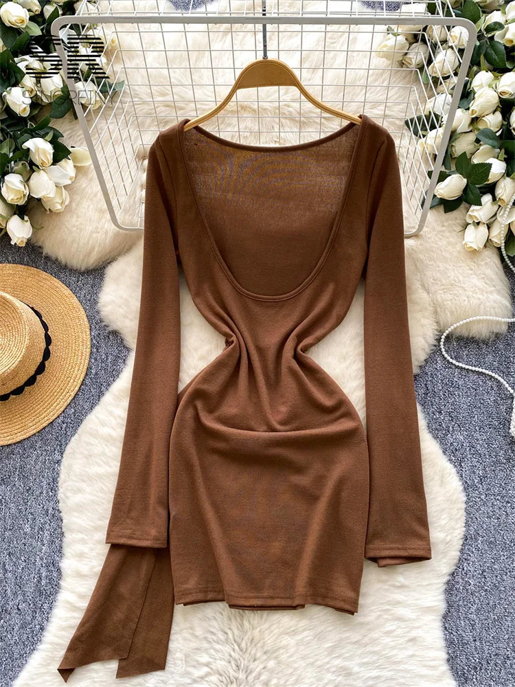 Sexy Backless Bodycon Dresss Autumn Long Sleeve V Neck Metal Button Sashes American Spicy Short Dresses