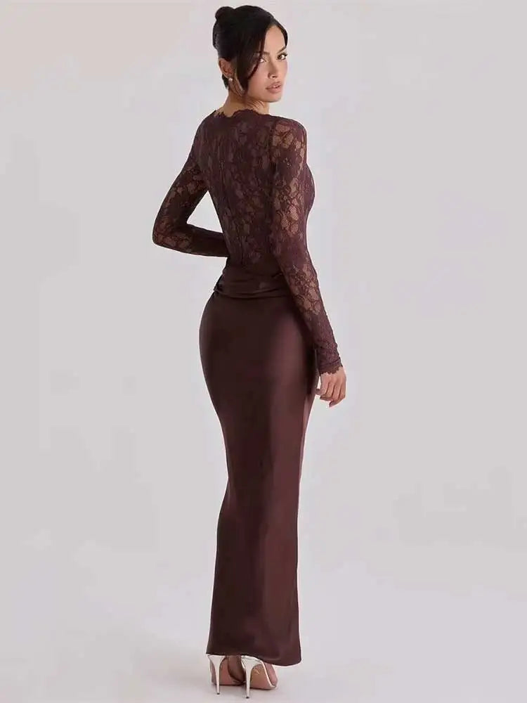 Off Shoulder Lace Satin Maxi Dress