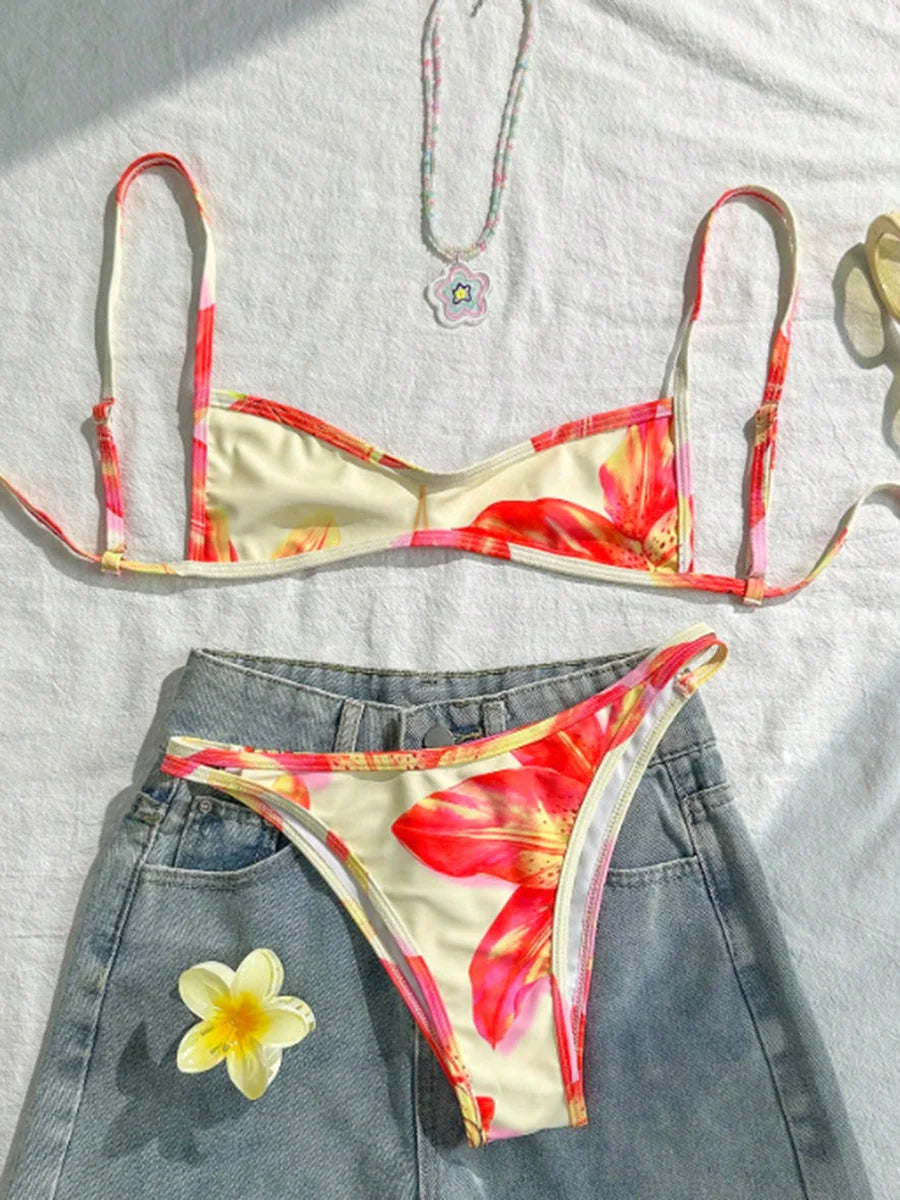 XS - XL Flowers Printed High Leg Cut Bikini