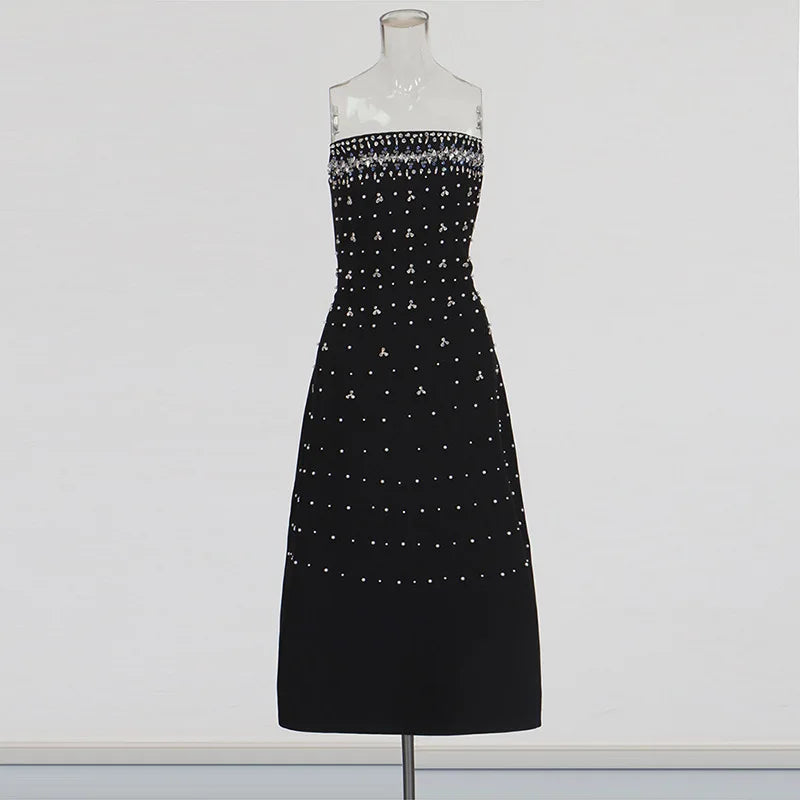 Black Strapless High Waist Hot Drilling Luxury Evening Dress