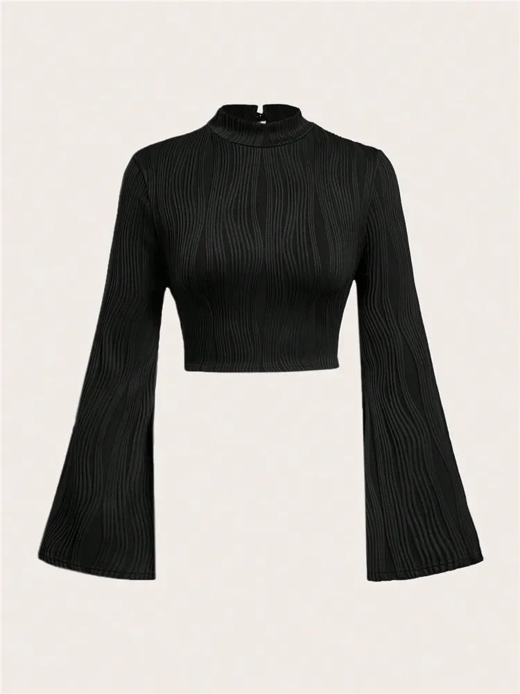 Casual Black Mock Neck Flare Long Sleeve Crop Top
