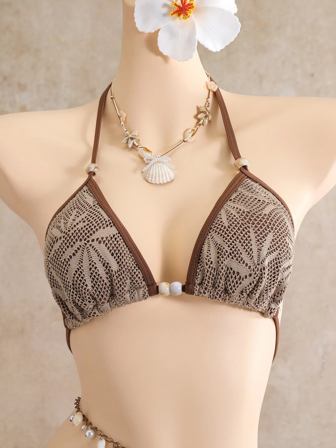 Vintage Coffee Leaves Print Mesh Skirt 3 Piece Bikini Set