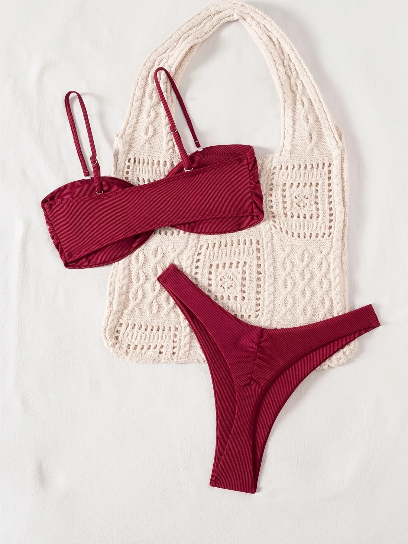 Sexy Red Metal Buckle Pleate Push Up Bikini Set