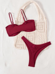 Sexy Red Metal Buckle Pleate Push Up Bikini Set