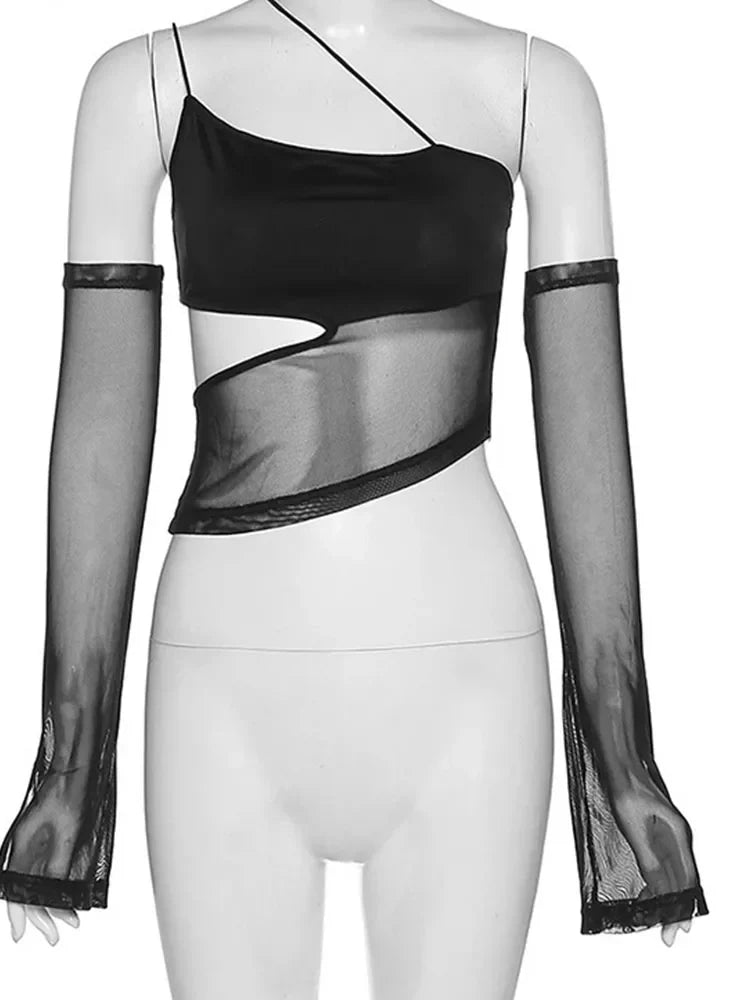Asymmetrical Cut Out Mesh Crop Top