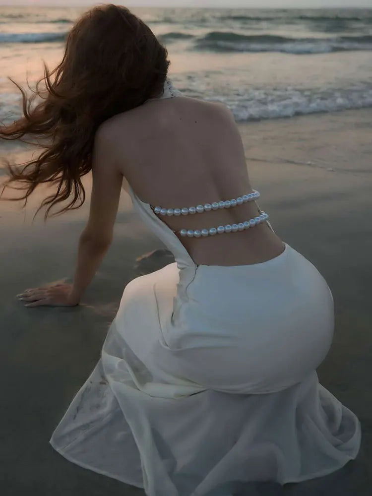 Satin Backless Pearls Sexy Bodycon Prom Party Maxi Dress