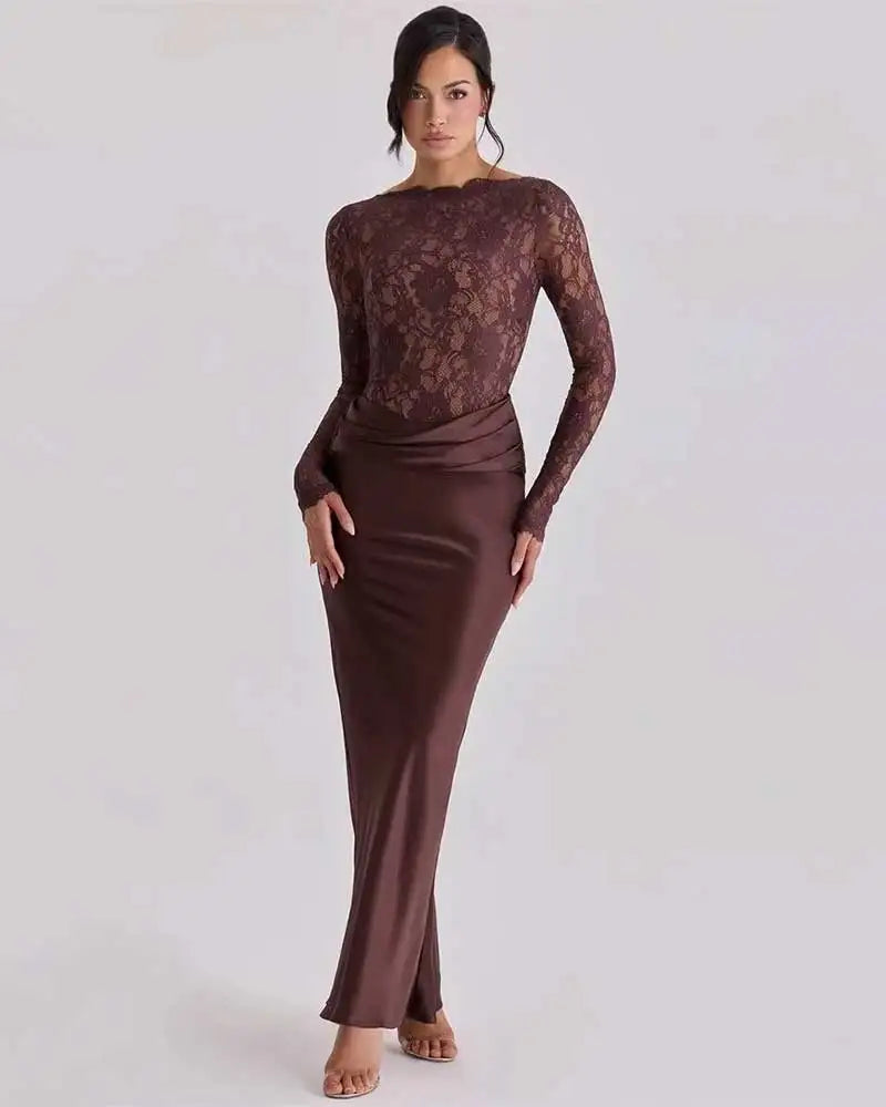 Off Shoulder Lace Satin Maxi Dress