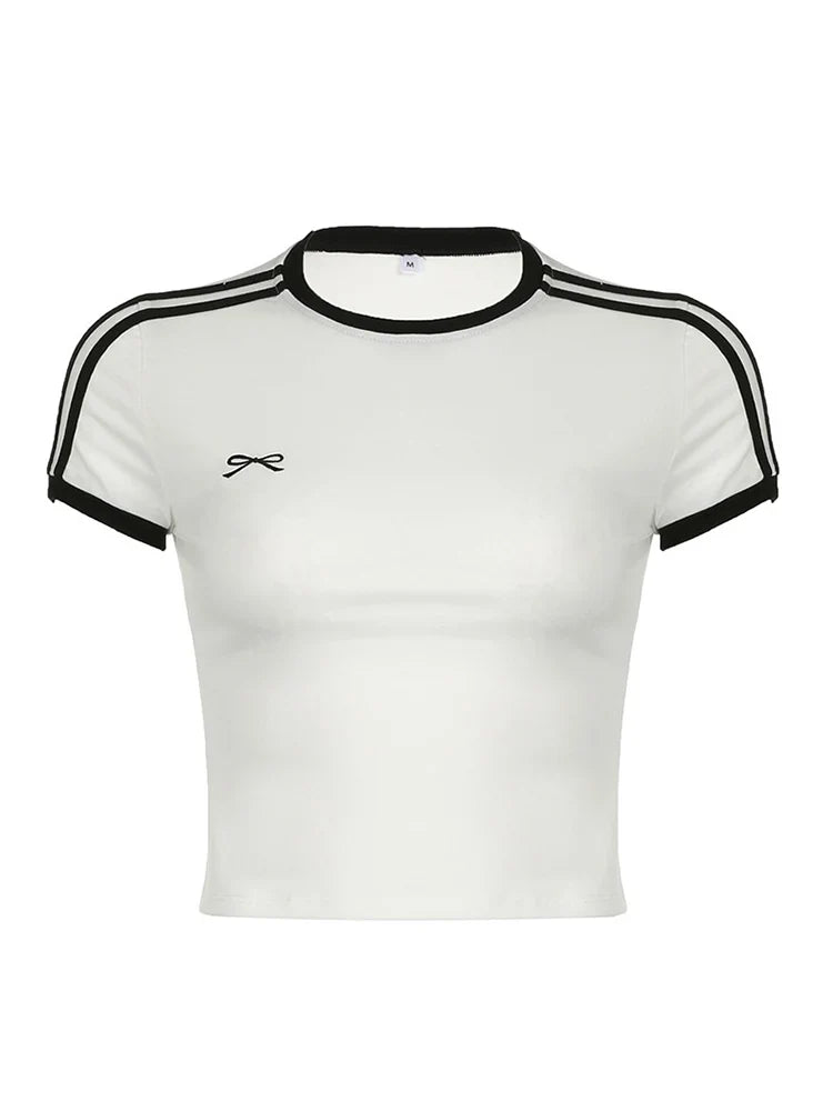 Contrast Embroidered Bow Crop Top