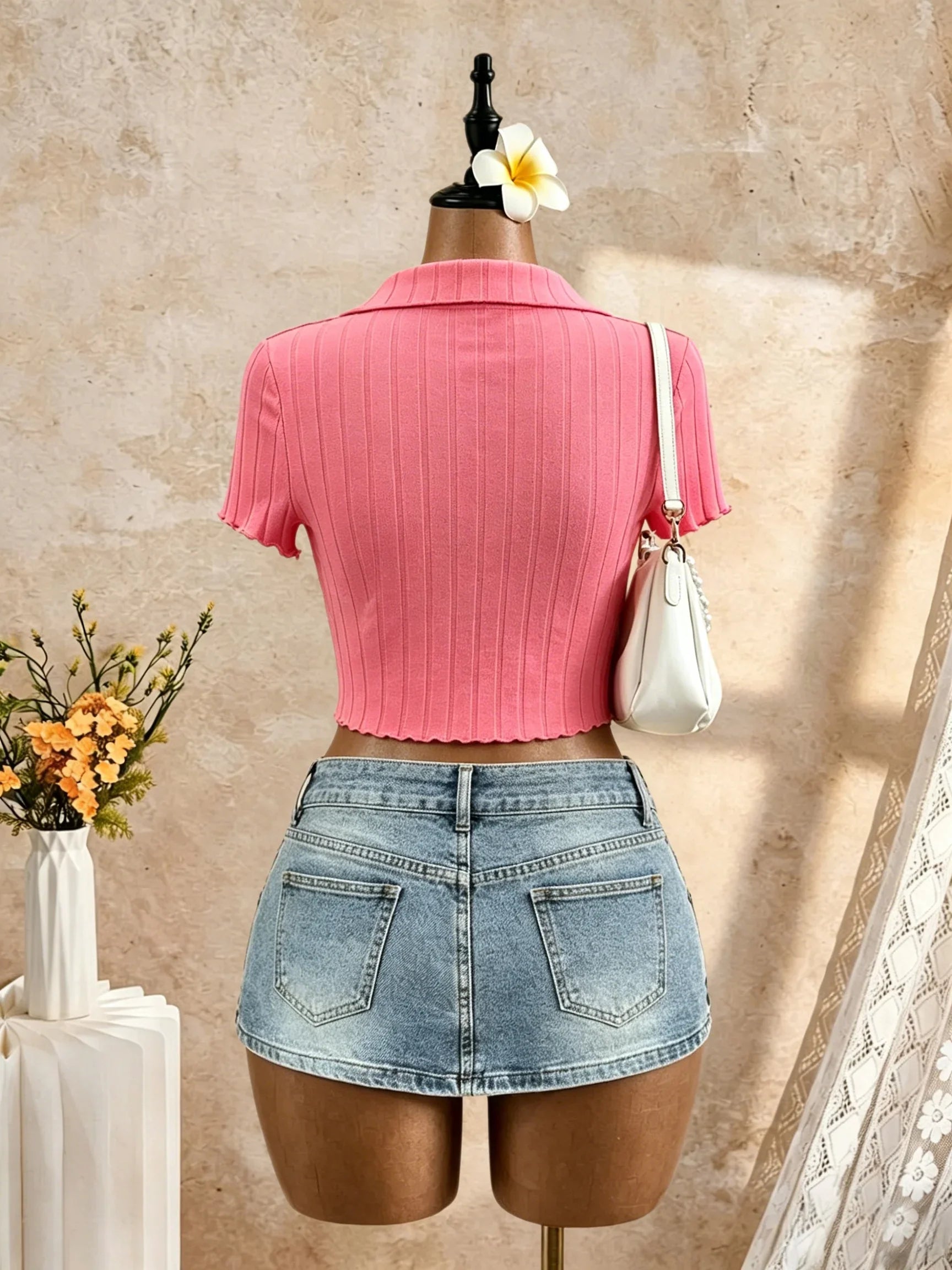 Polo Collar Front Tie Knot Short Sleeve Crop Top