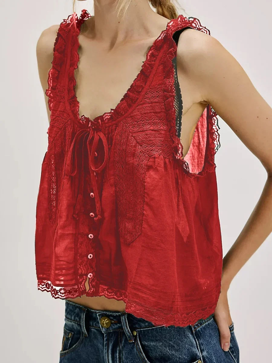 Y2K Button-up Lace Trim Patchwork Cami Tops