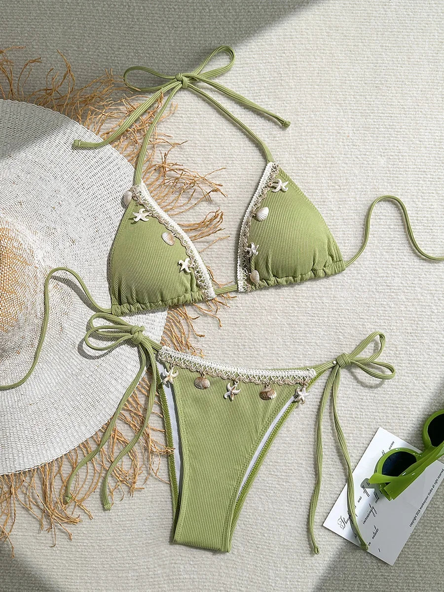 Shell Decoration Halter String Strappy Bikini