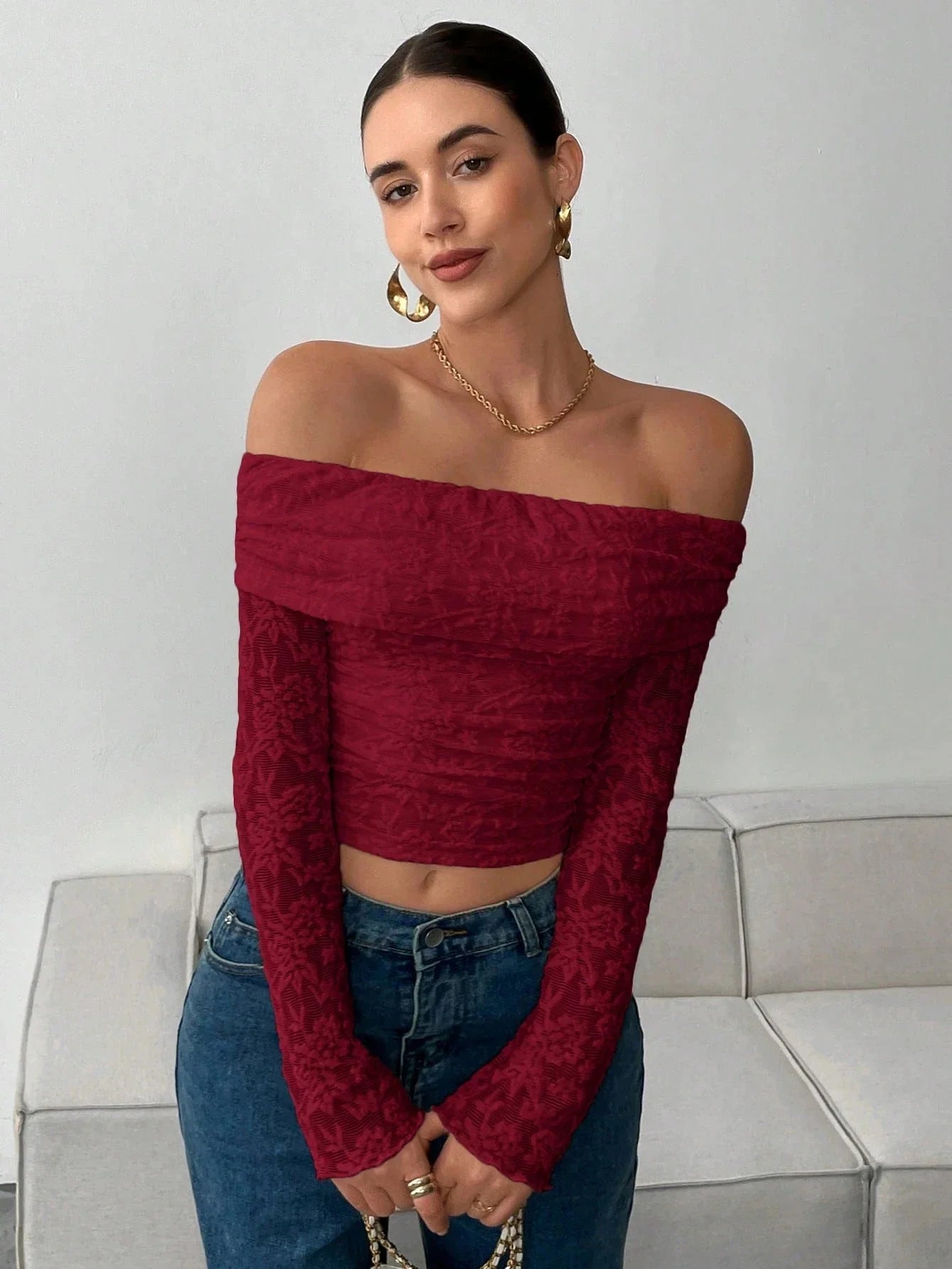 Women's Elegant Lace Sheer Off Shoulder Falre Sleeve Top