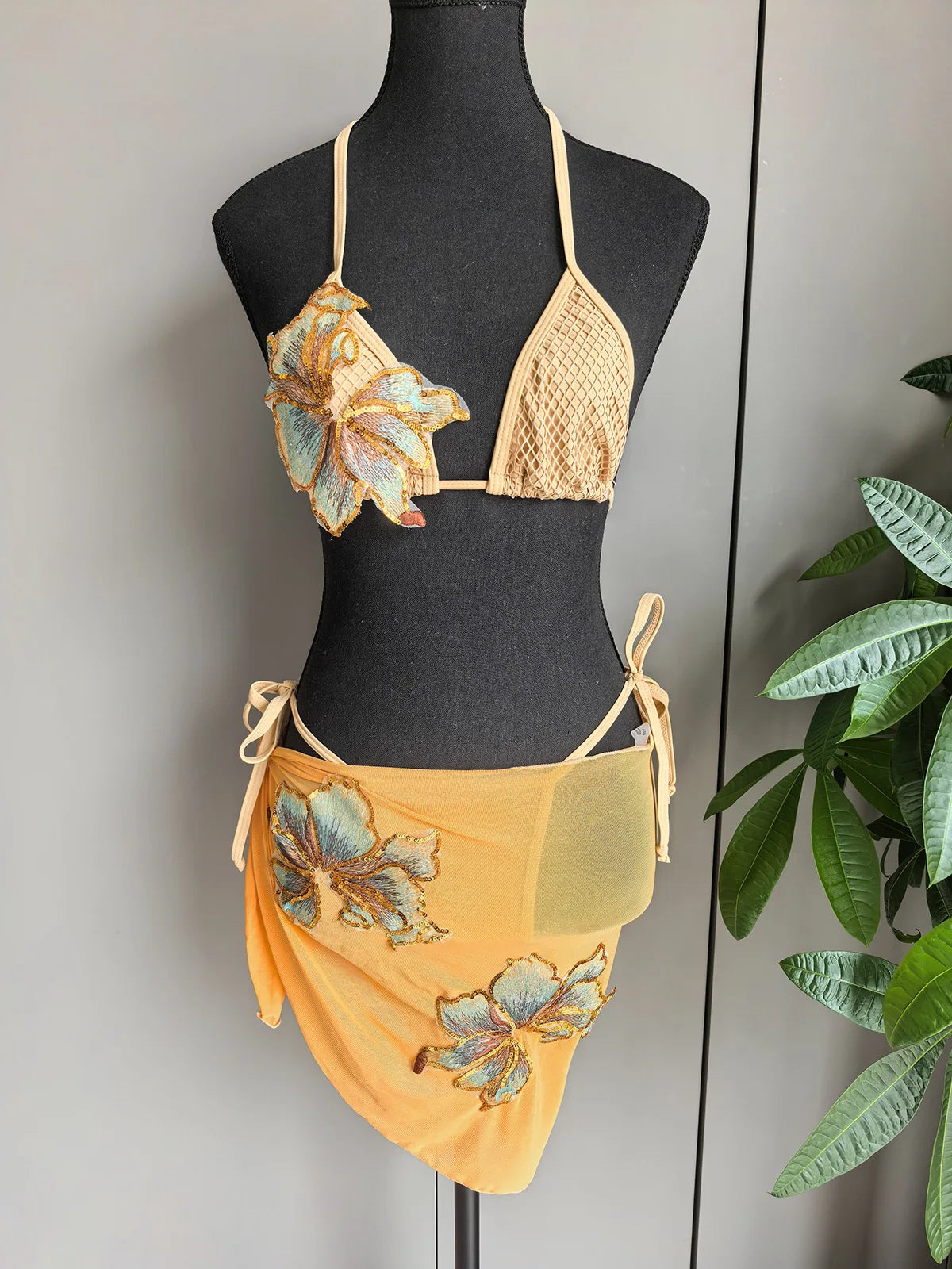 Sexy Yellow Floral Print Mesh Skirt Bikini Set