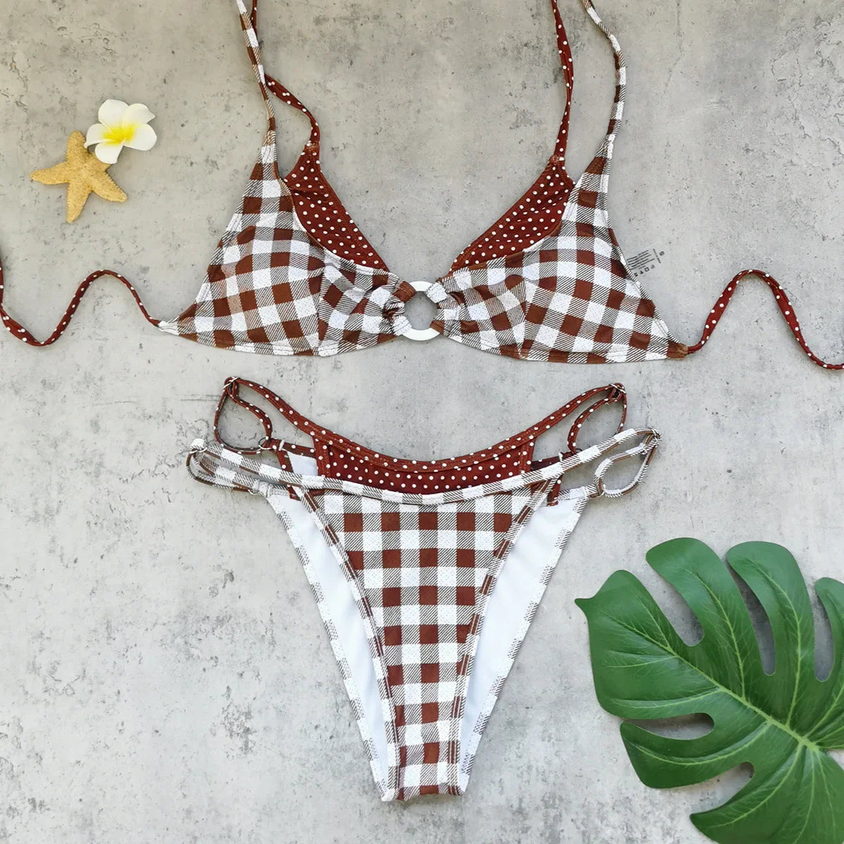Sexy Coffee Plaid Bikini Set